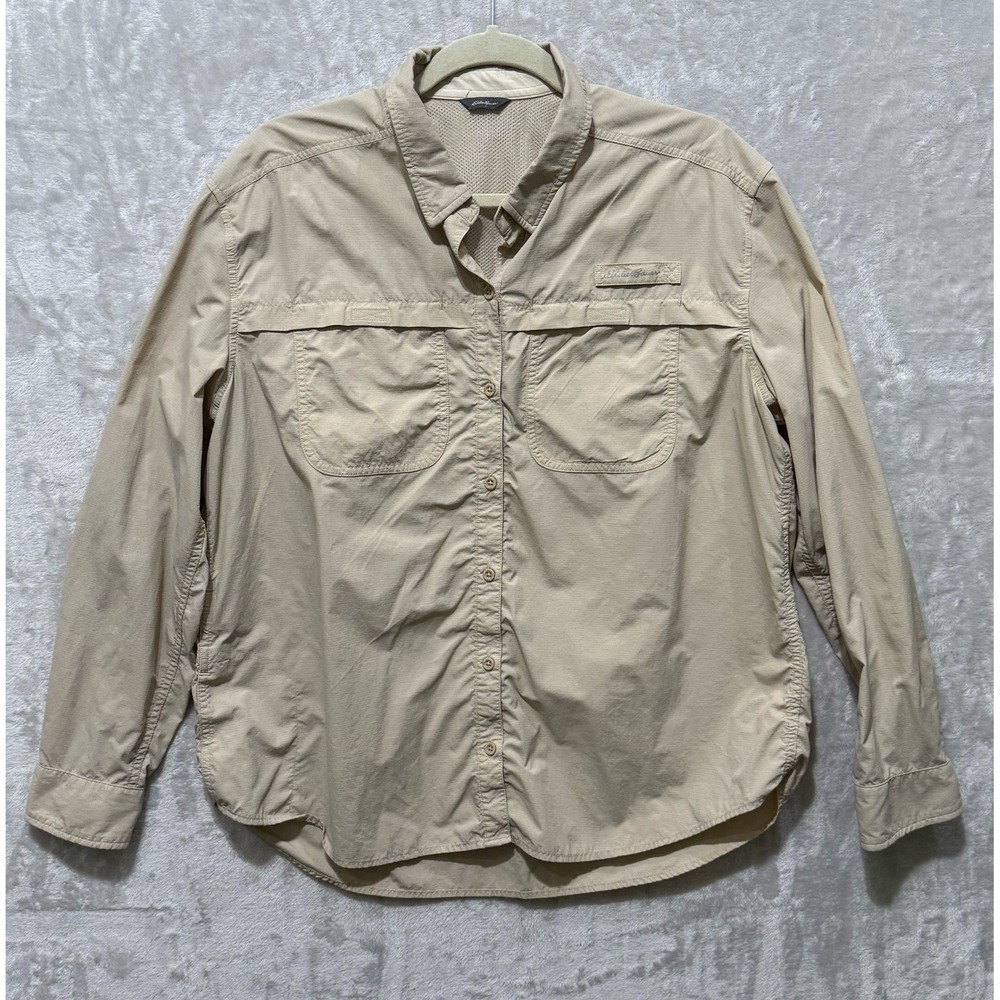 Eddie Bauer Womens Button Down Long Sleeve Fishing Shirt Outdoor Top Tan